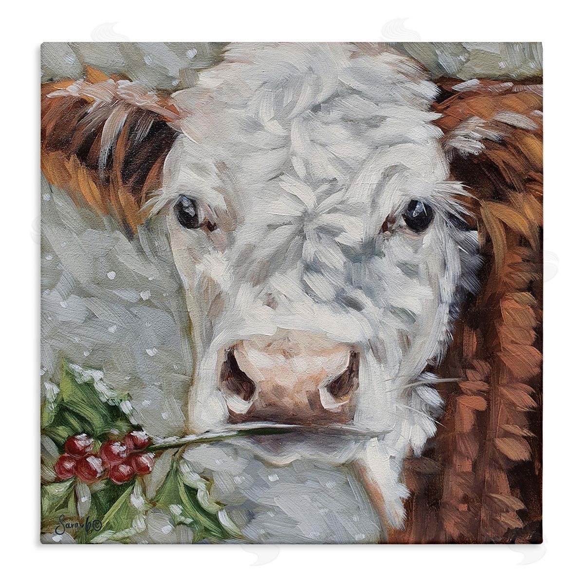 Sara G. Designs Snowy Winter Cow Holly Berries Stretched Canvas Wall Art Print