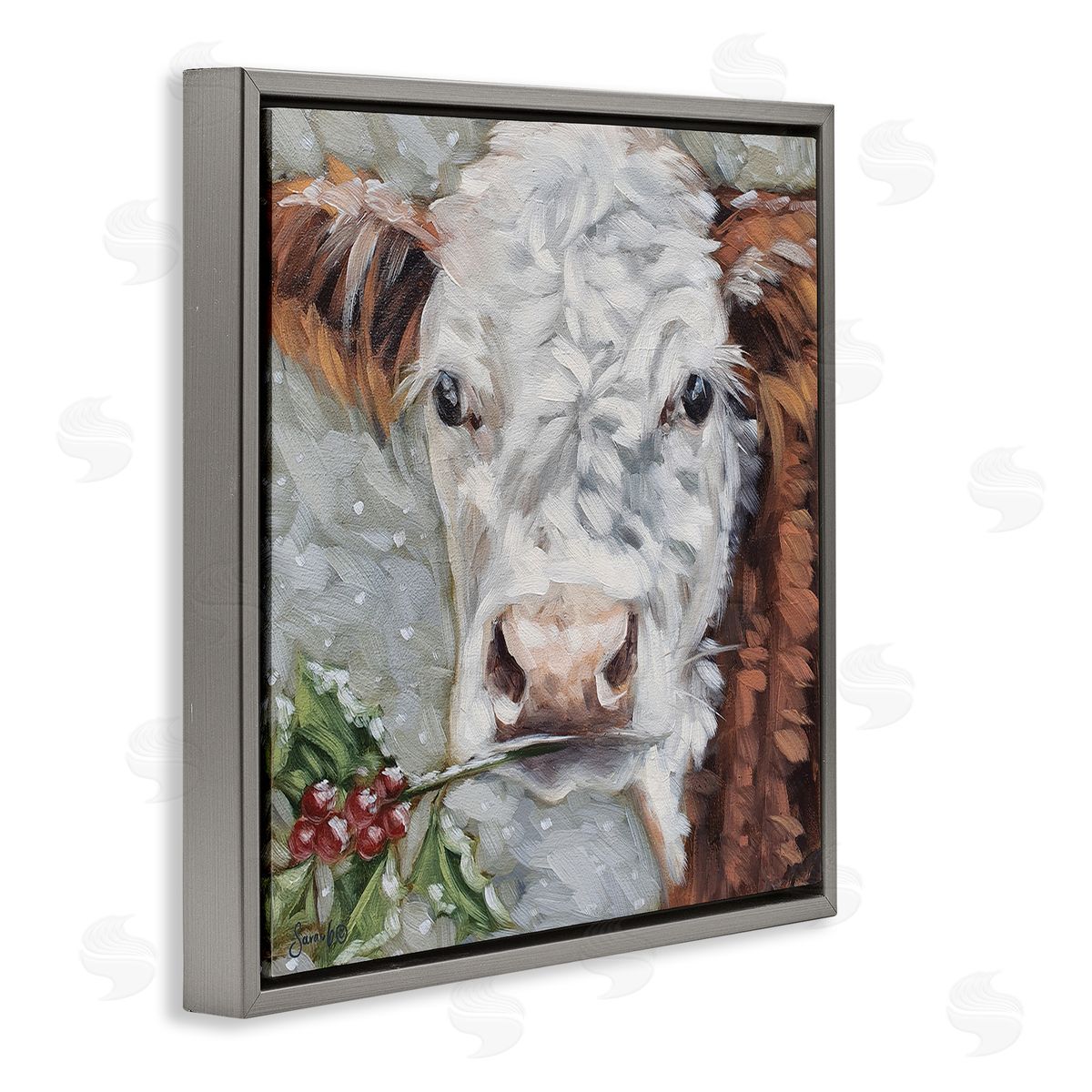 Sara G. Designs Snowy Winter Cow Holly Berries Gray Floating Frame Canvas Wall Art Print