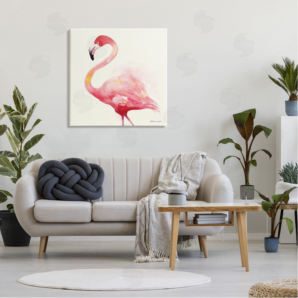 Stephanie Workman Marrott Minimal Flamingo Bird Watercolor Canvas Wall Art in Room
