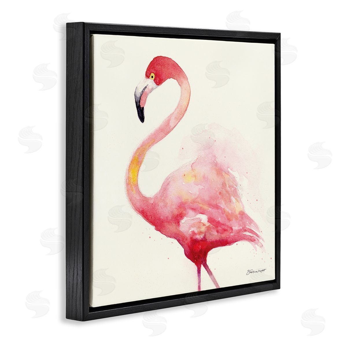 Stephanie Workman Marrott Minimal Flamingo Bird Watercolor Black Floating Frame Canvas Wall Art Print