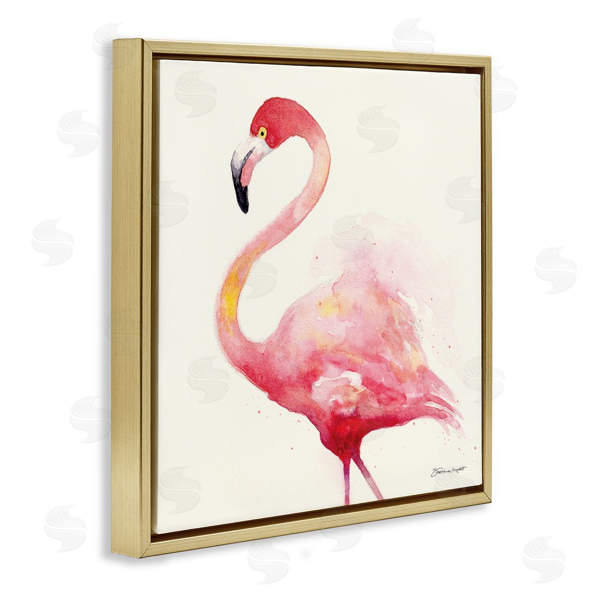 Stephanie Workman Marrott Minimal Flamingo Bird Watercolor Gold Floating Frame Canvas Wall Art Print