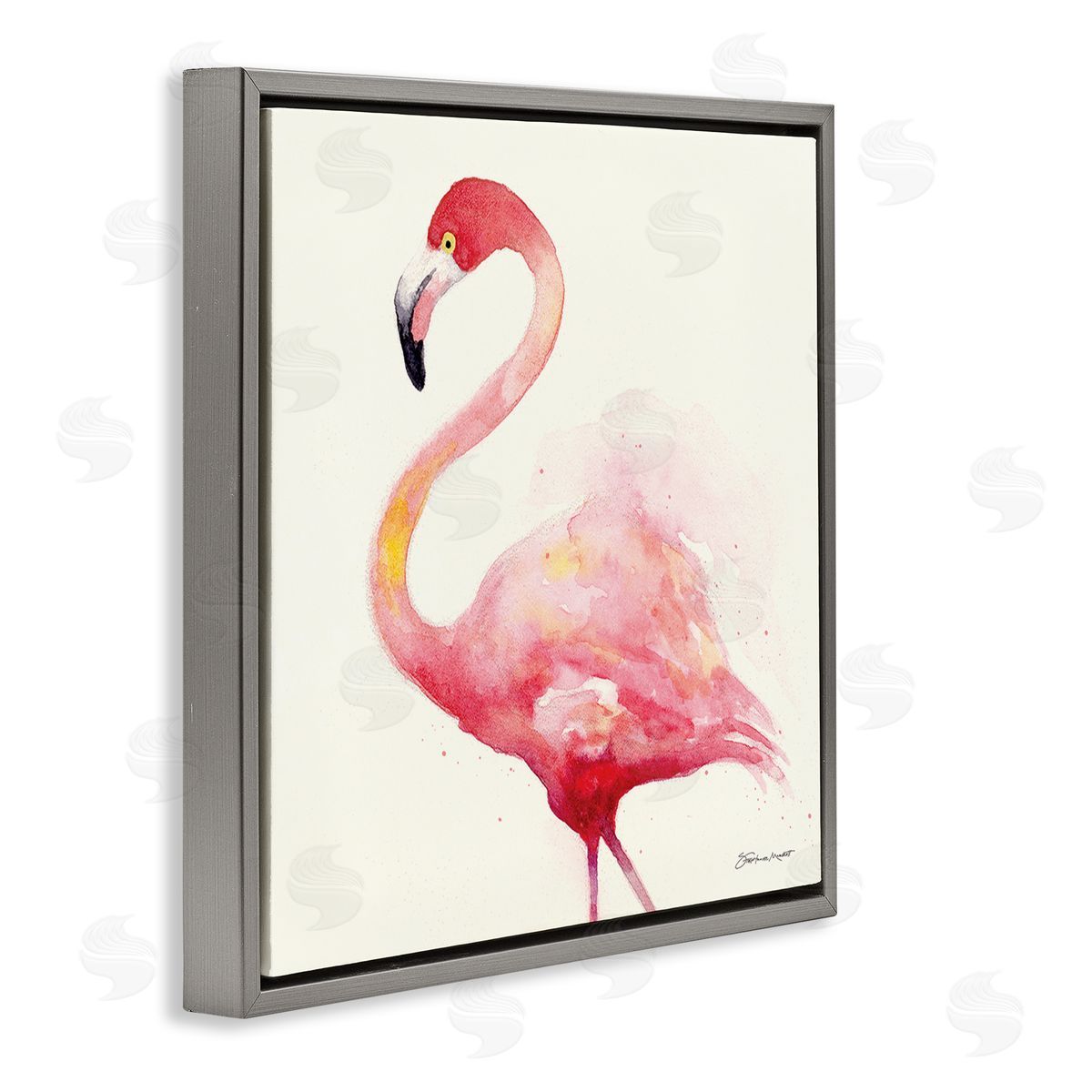 Stephanie Workman Marrott Minimal Flamingo Bird Watercolor Gray Floating Frame Canvas Wall Art Print