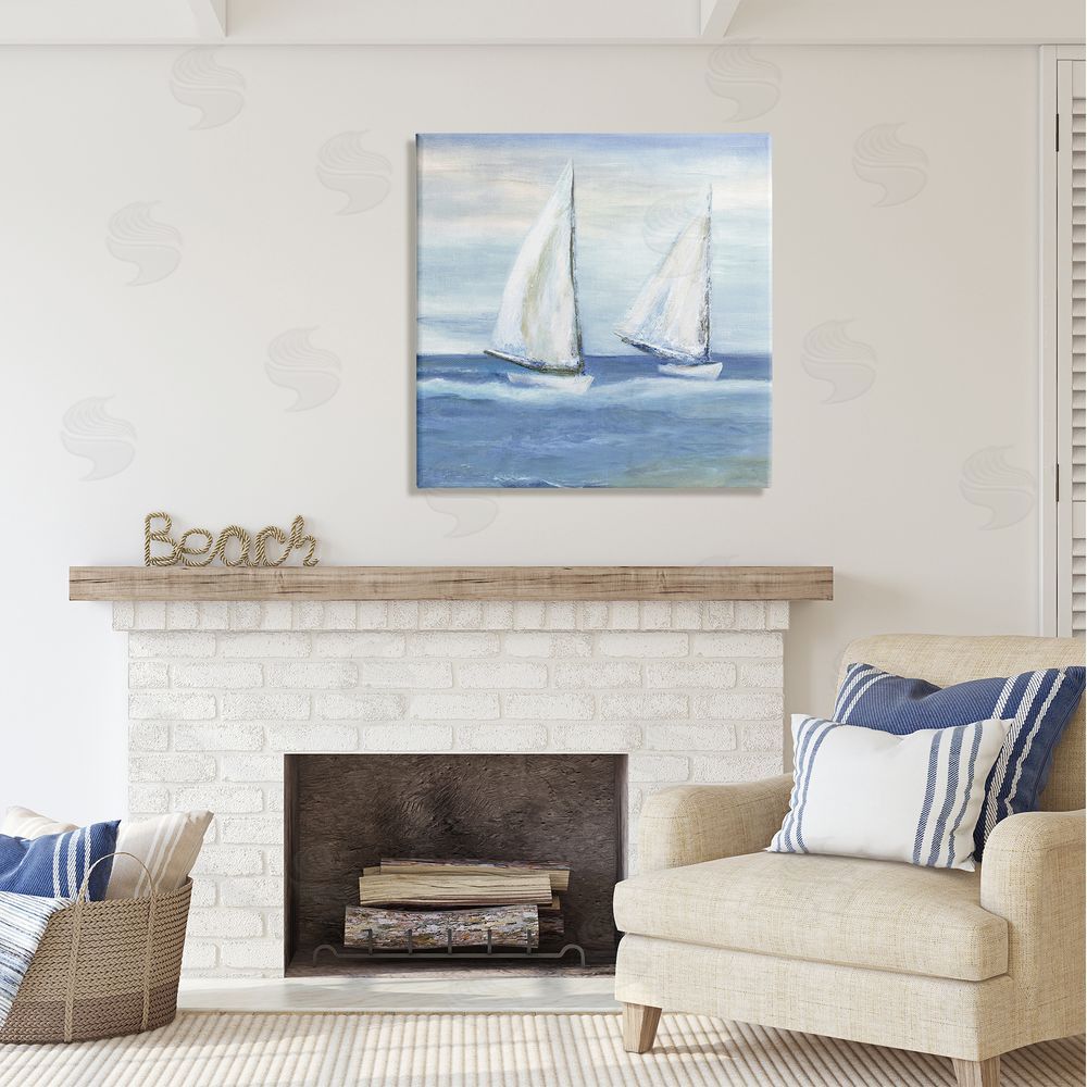Marilyn Dunlap Blue Sailboats Ocean Splash Canvas Wall Art in Room