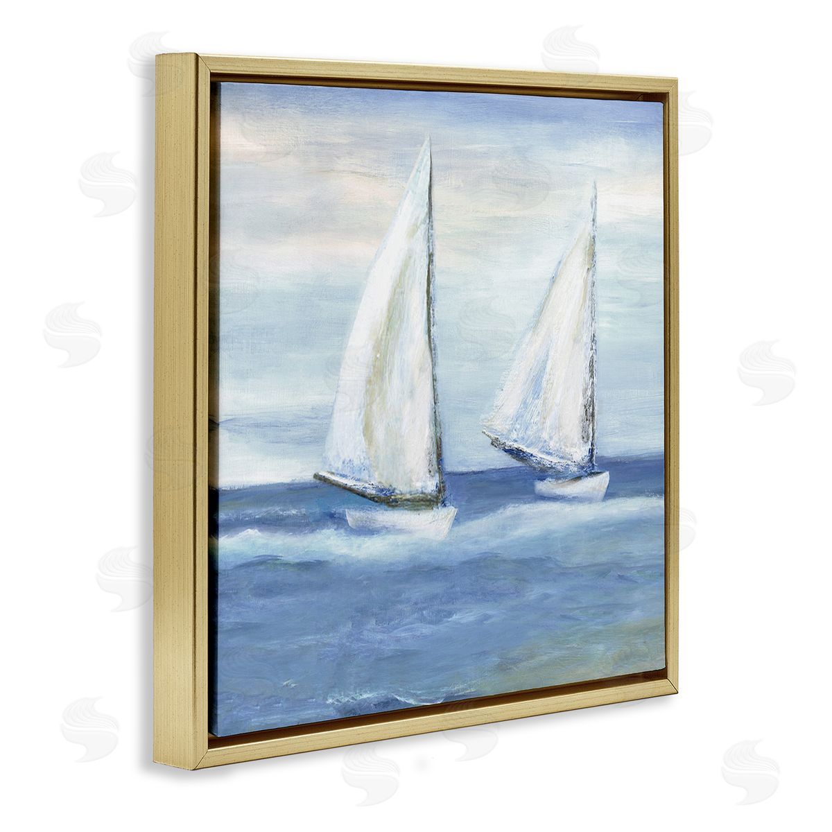 Marilyn Dunlap Blue Sailboats Ocean Splash Gold Floating Frame Canvas Wall Art Print