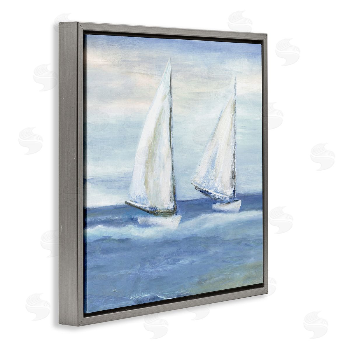 Marilyn Dunlap Blue Sailboats Ocean Splash Gray Floating Frame Canvas Wall Art Print