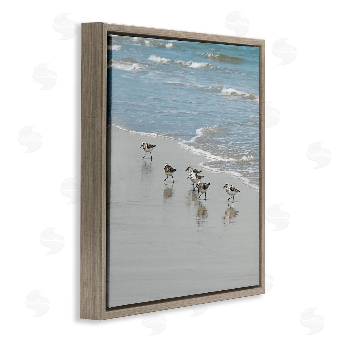 Sandpipers on Shore Reflection Brown Floating Frame Canvas Wall Art, Home Decor by Natalie Carpentieri