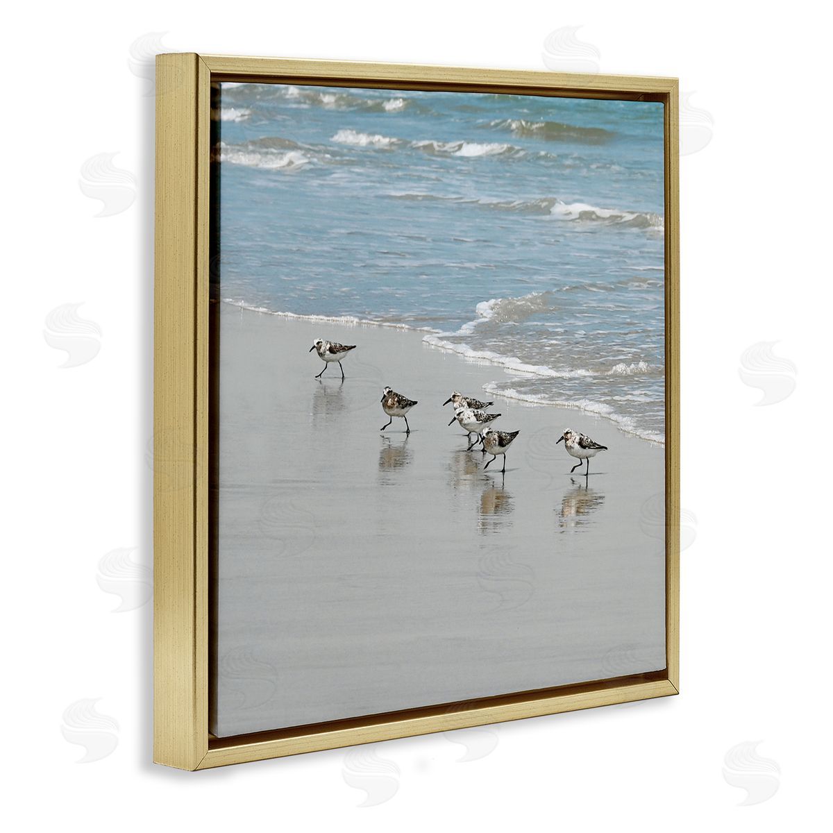 Sandpipers on Shore Reflection Gold Floating Frame Canvas Wall Art, Home Decor by Natalie Carpentieri