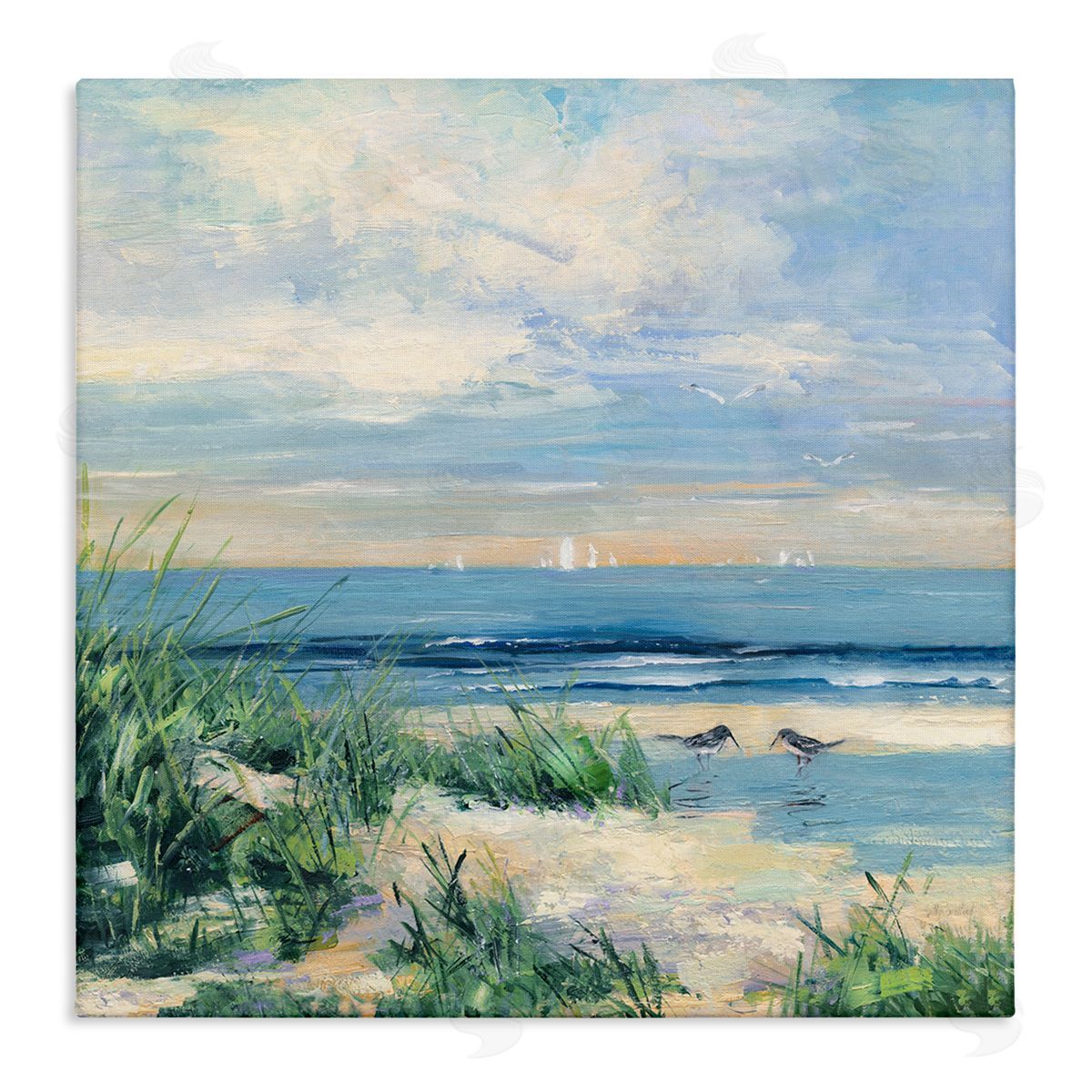 Sally Swatland Nautical Beach Reeds Birds Grazing Shoreline Stretched Canvas Wall Art Print