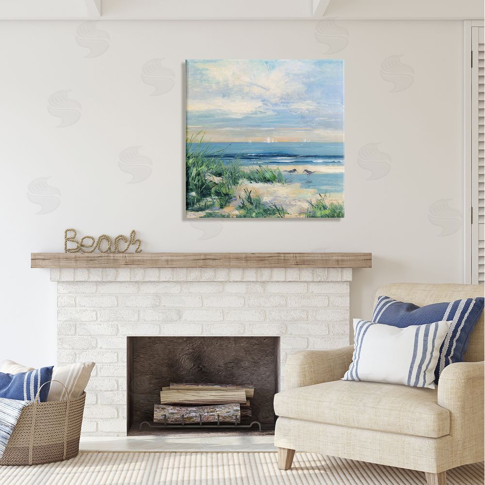 Sally Swatland Nautical Beach Reeds Birds Grazing Shoreline Canvas Wall Art in Room