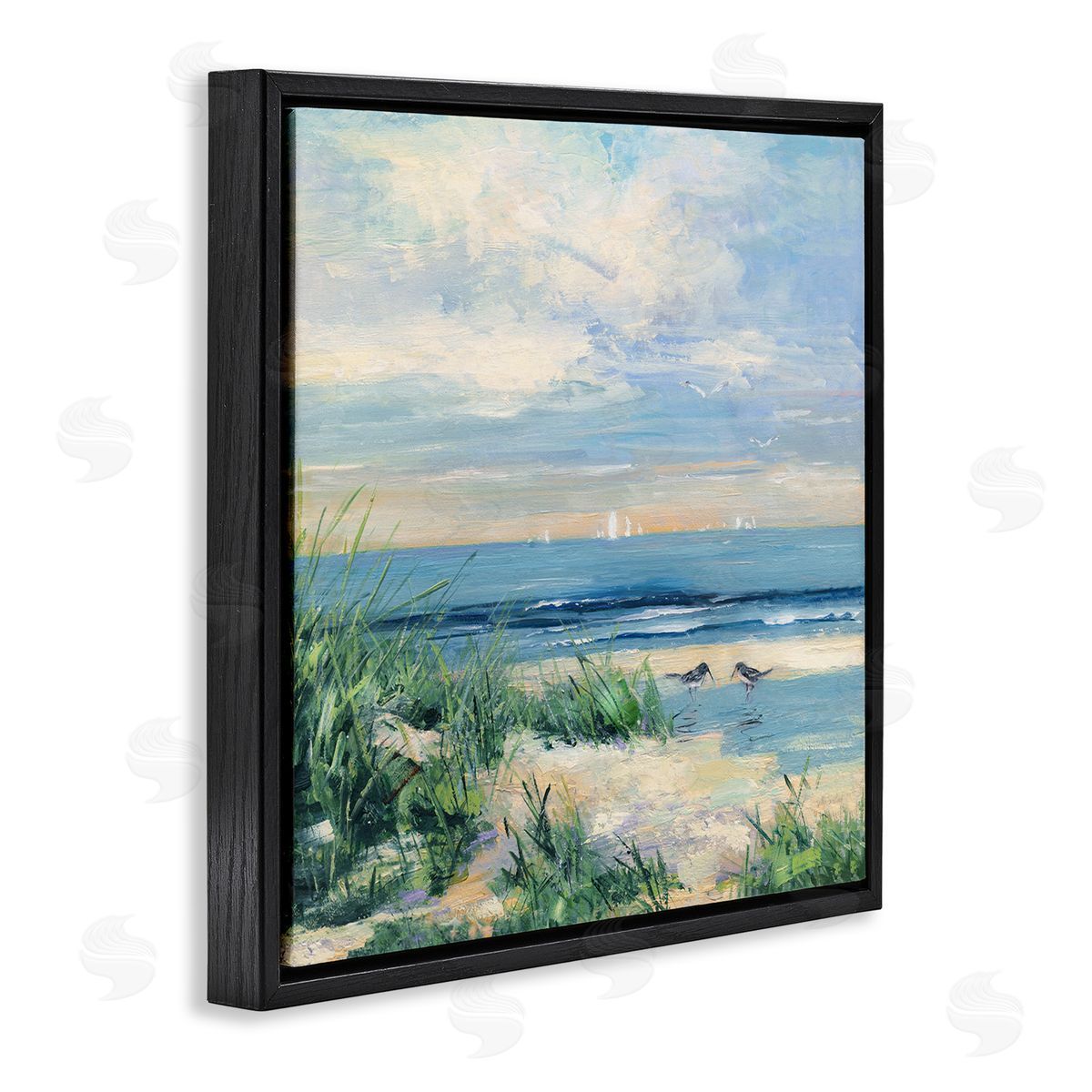 Sally Swatland Nautical Beach Reeds Birds Grazing Shoreline Black Floating Frame Canvas Wall Art Print
