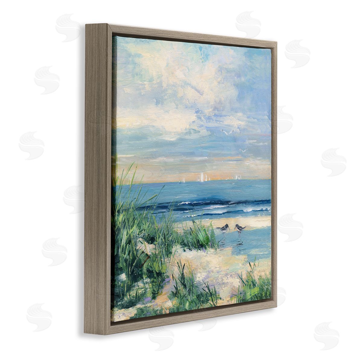 Sally Swatland Nautical Beach Reeds Birds Grazing Shoreline Brown Floating Frame Canvas Wall Art Print