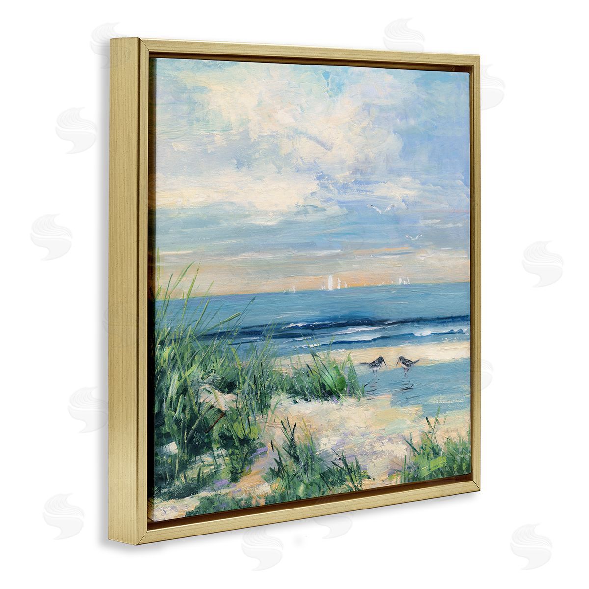 Sally Swatland Nautical Beach Reeds Birds Grazing Shoreline Gold Floating Frame Canvas Wall Art Print