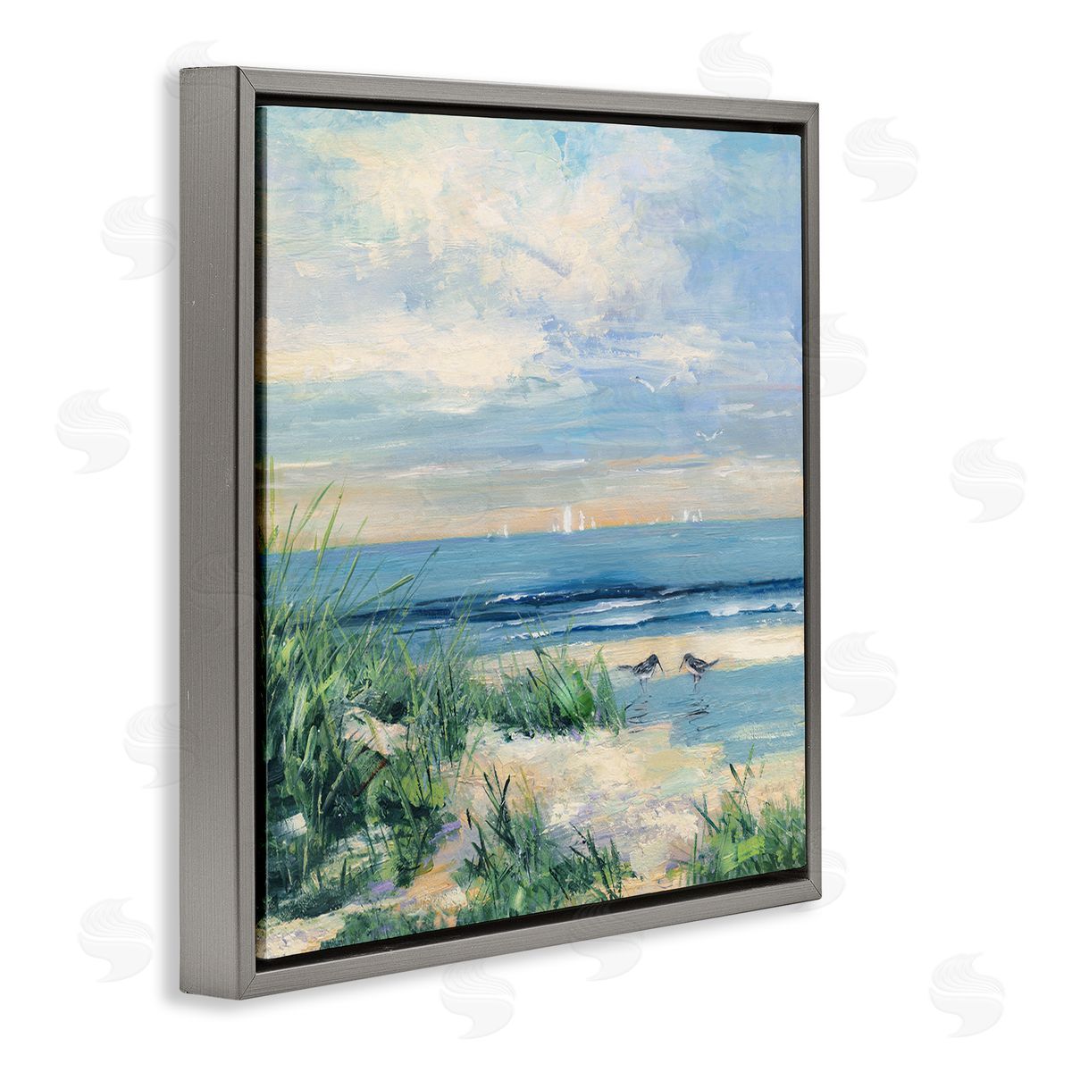 Sally Swatland Nautical Beach Reeds Birds Grazing Shoreline Gray Floating Frame Canvas Wall Art Print