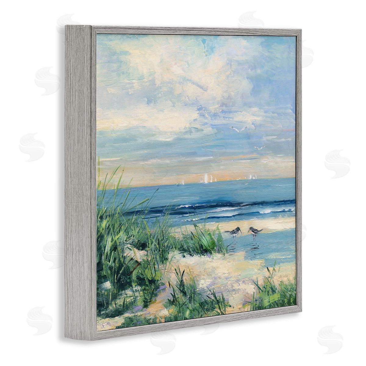 Sally Swatland Nautical Beach Reeds Birds Grazing Shoreline Gray Framed Glicee Wall Art Print