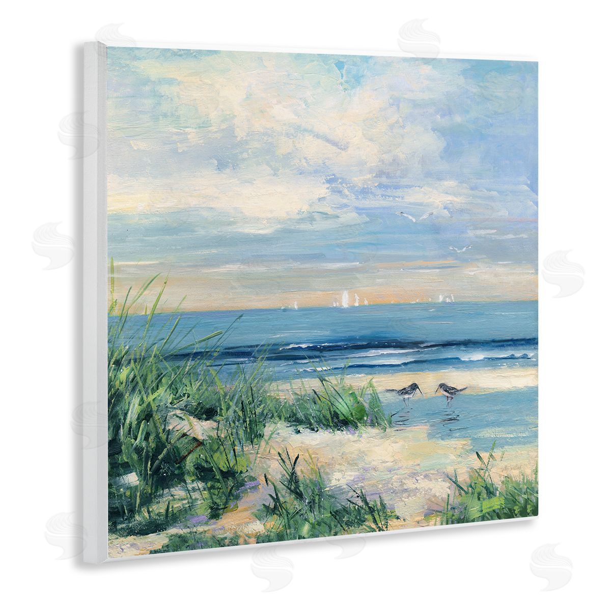 Sally Swatland Nautical Beach Reeds Birds Grazing Shoreline Wooden Wall Plaque Art Print