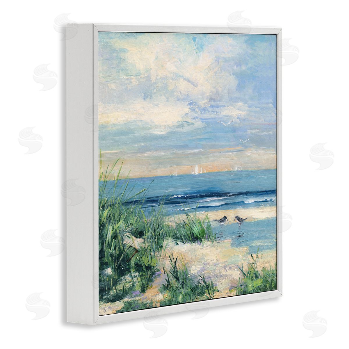 Sally Swatland Nautical Beach Reeds Birds Grazing Shoreline White Framed Glicee Wall Art Print