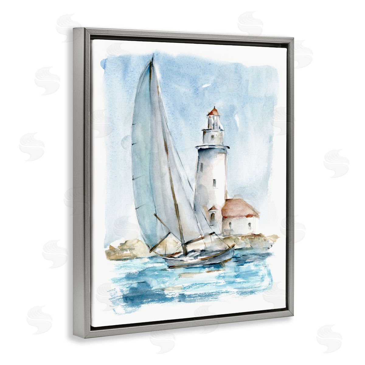 Nautical Sailboat & Lighthouse Grey Floating Frame Canvas Wall Art, Home Decor by Ethan Harper