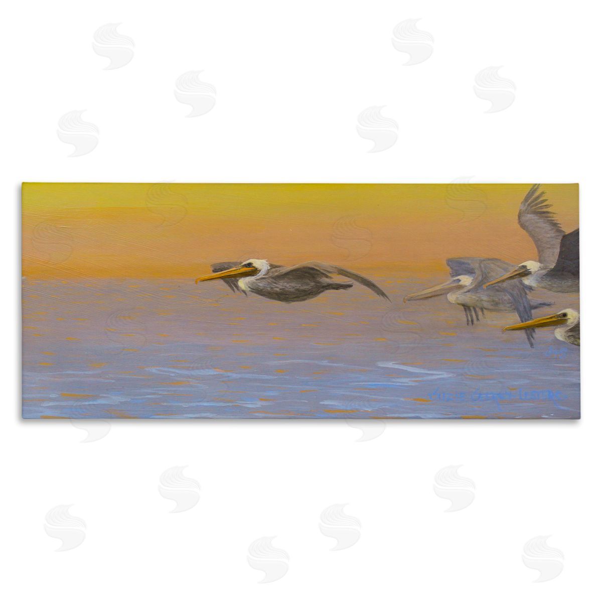 Suzie Seerey-Lester Pelicans Flying Ocean Sunrise Stretched Canvas Wall Art Print