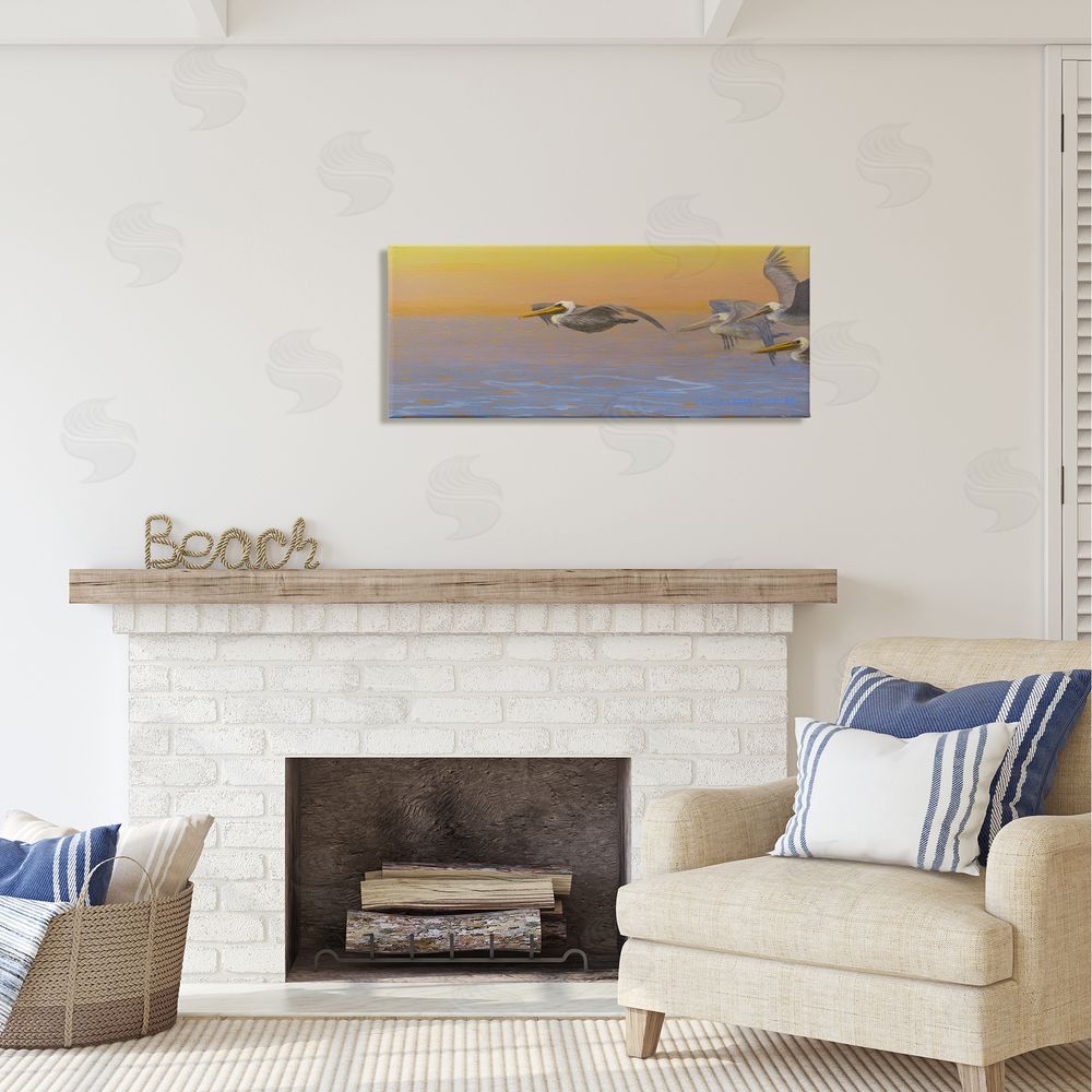 Suzie Seerey-Lester Pelicans Flying Ocean Sunrise Canvas Wall Art in Room