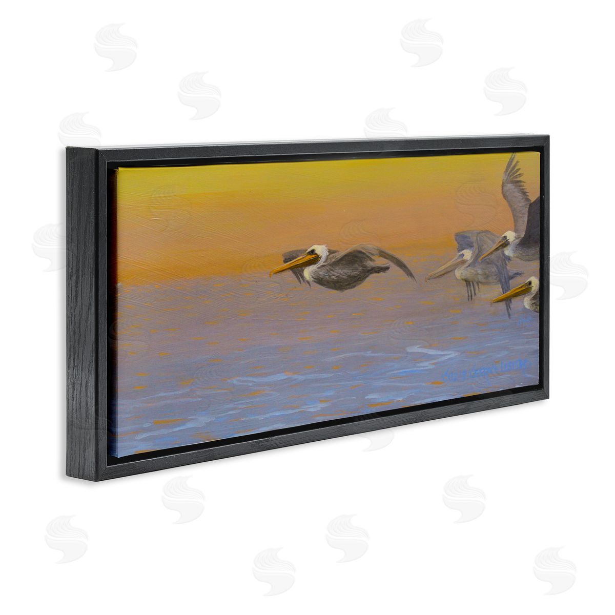 Suzie Seerey-Lester Pelicans Flying Ocean Sunrise Black Floating Frame Canvas Wall Art Print