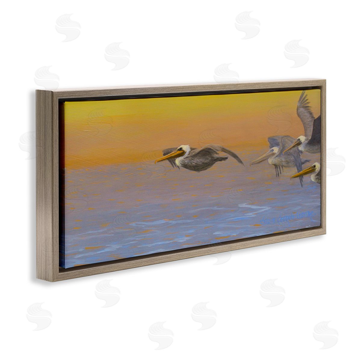 Suzie Seerey-Lester Pelicans Flying Ocean Sunrise Brown Floating Frame Canvas Wall Art Print