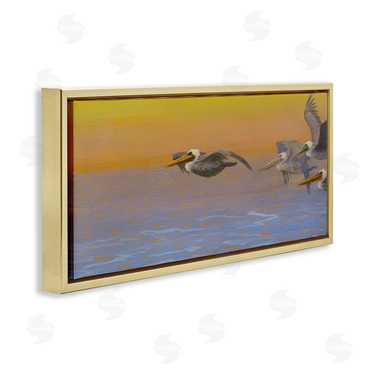 Suzie Seerey-Lester Pelicans Flying Ocean Sunrise Gold Floating Frame Canvas Wall Art Print