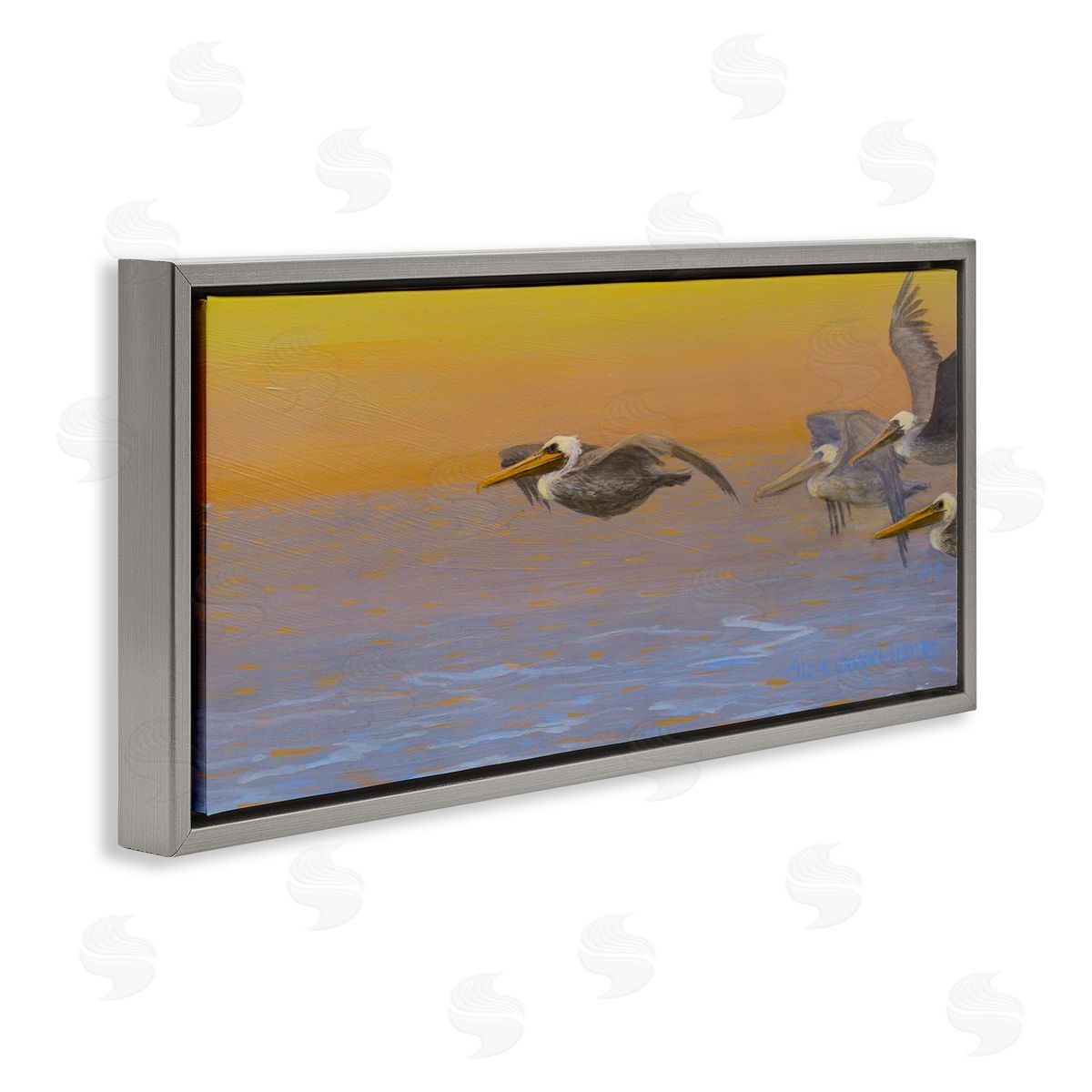 Suzie Seerey-Lester Pelicans Flying Ocean Sunrise Gray Floating Frame Canvas Wall Art Print