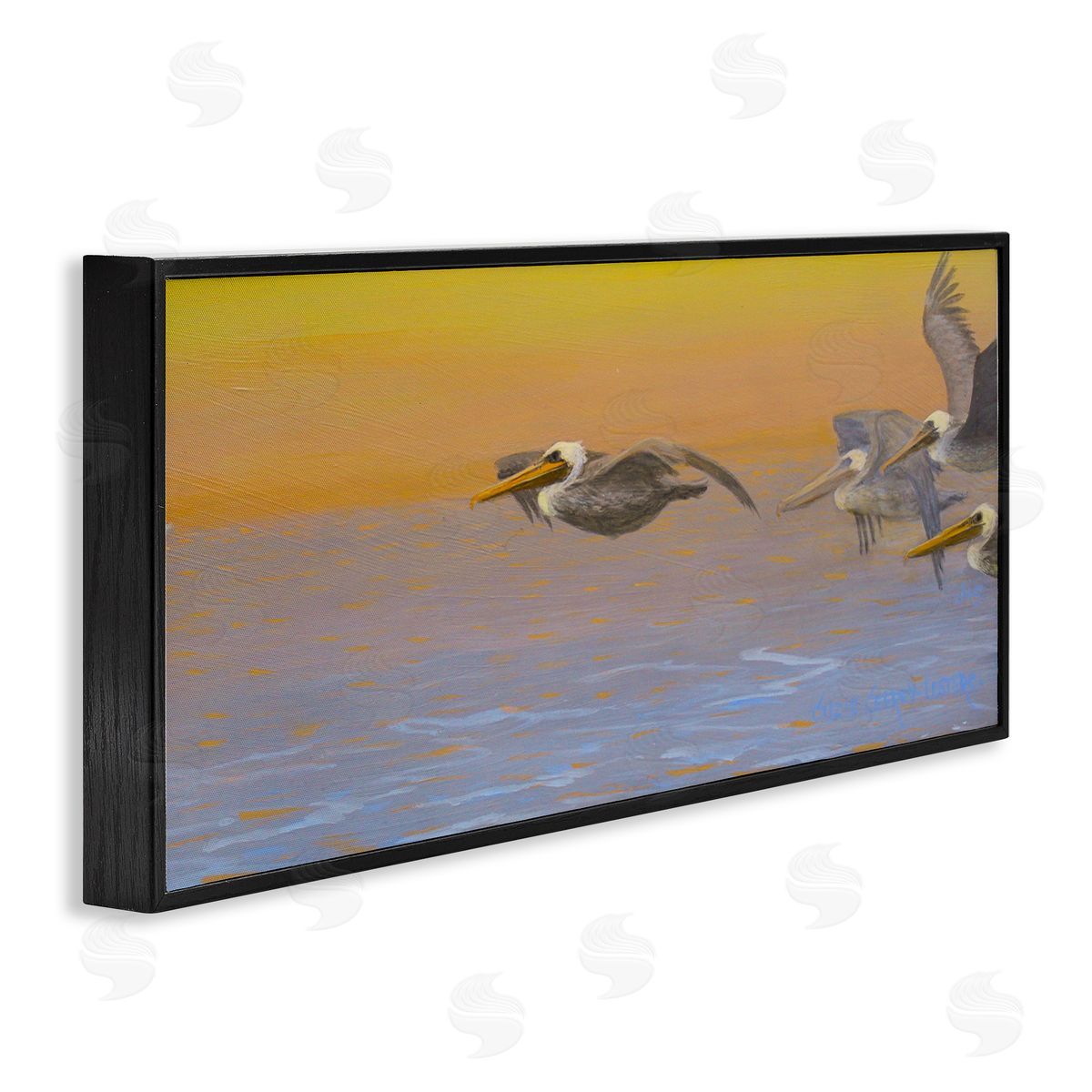 Suzie Seerey-Lester Pelicans Flying Ocean Sunrise Black Framed Glicee Wall Art Print