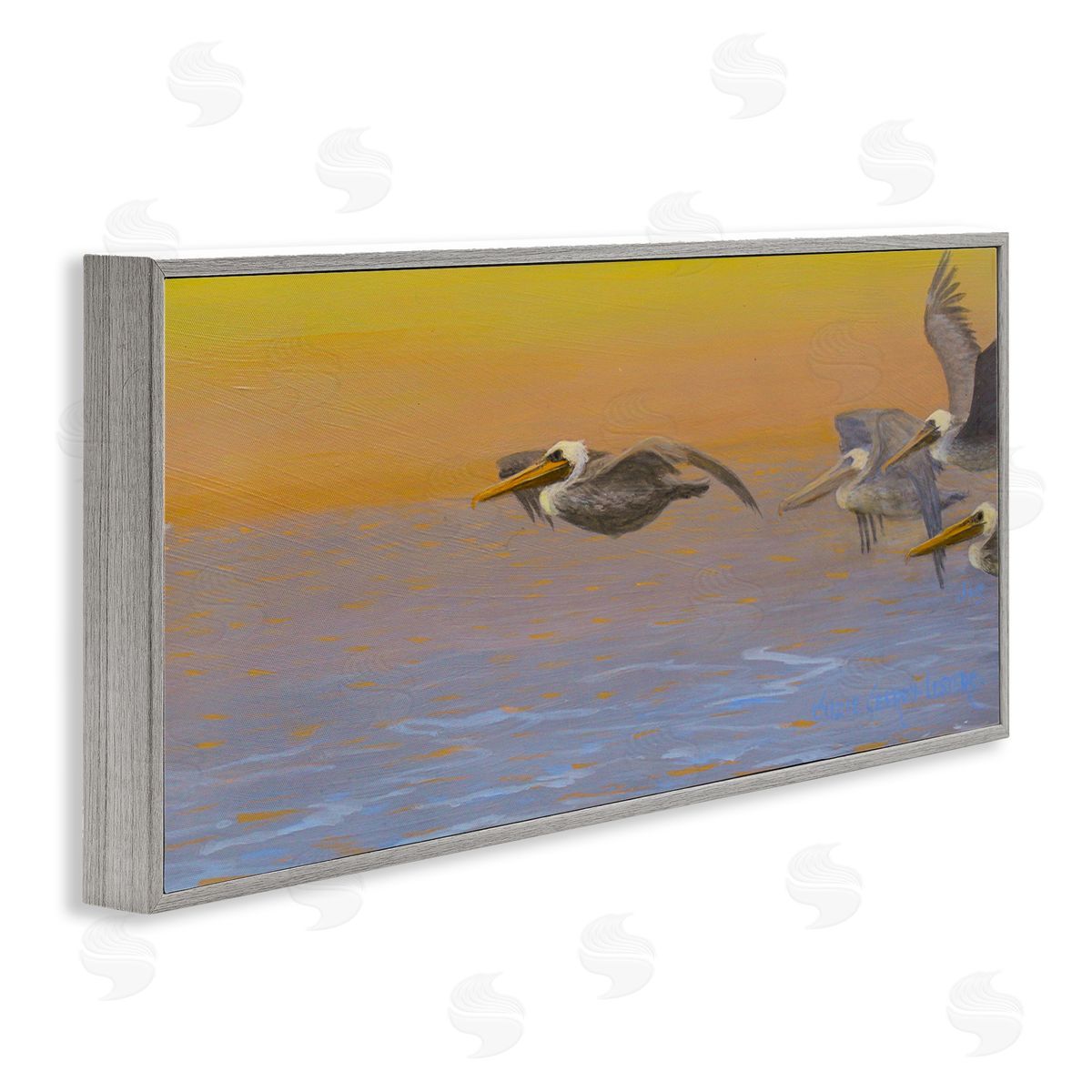 Suzie Seerey-Lester Pelicans Flying Ocean Sunrise Gray Framed Glicee Wall Art Print