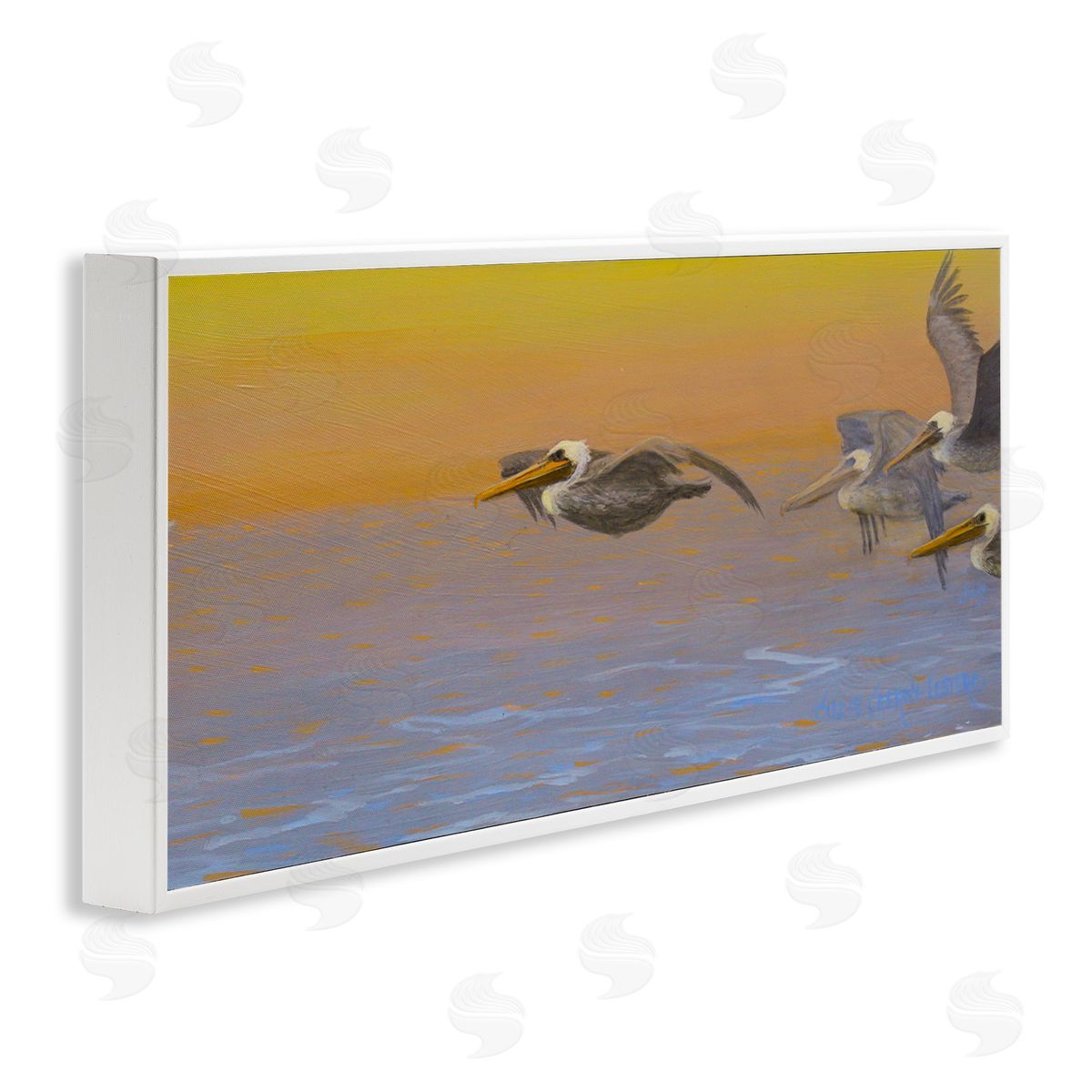 Suzie Seerey-Lester Pelicans Flying Ocean Sunrise White Framed Glicee Wall Art Print