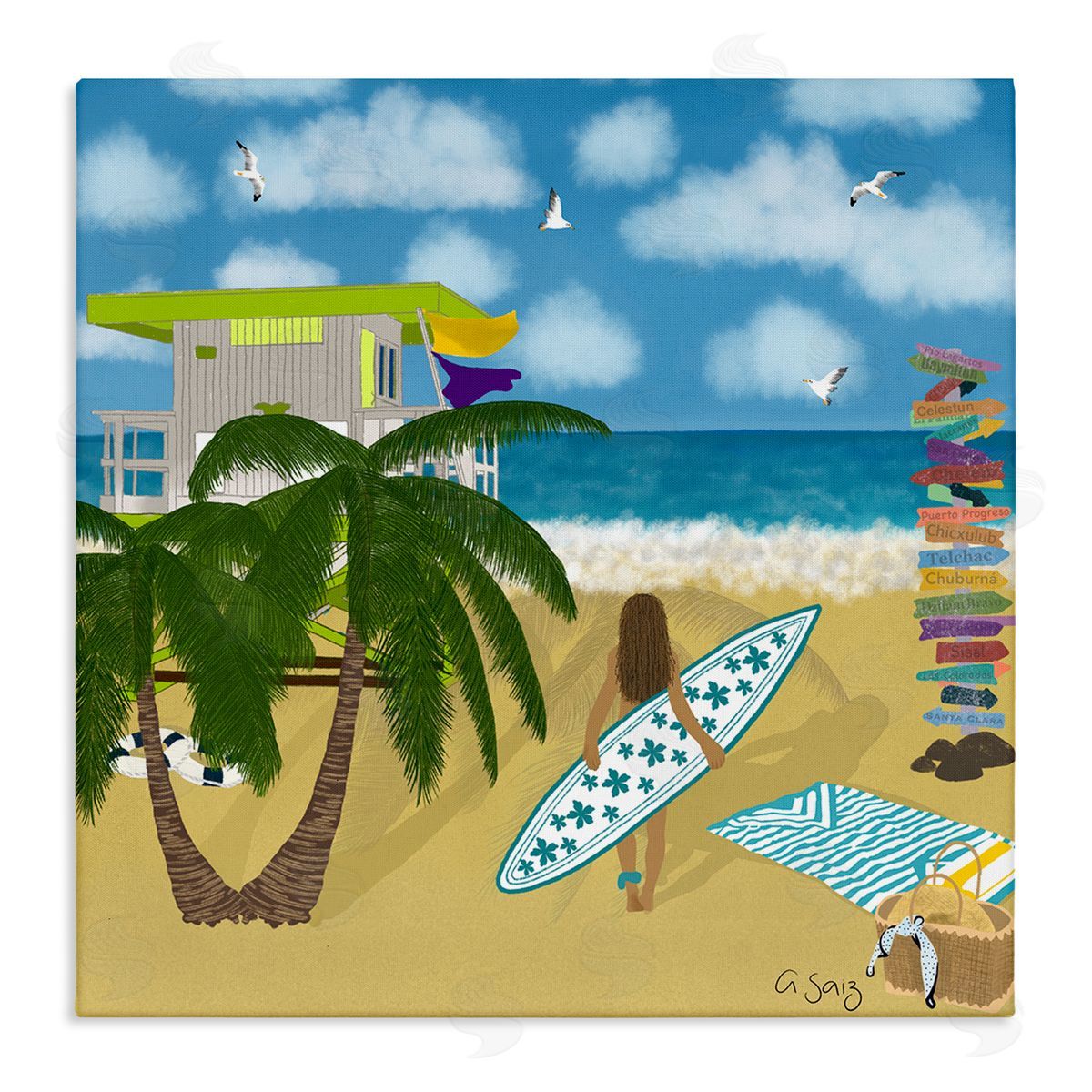 Ale Saiz Studio Surfer Girl Walking Tropical Beach Stretched Canvas Wall Art Print
