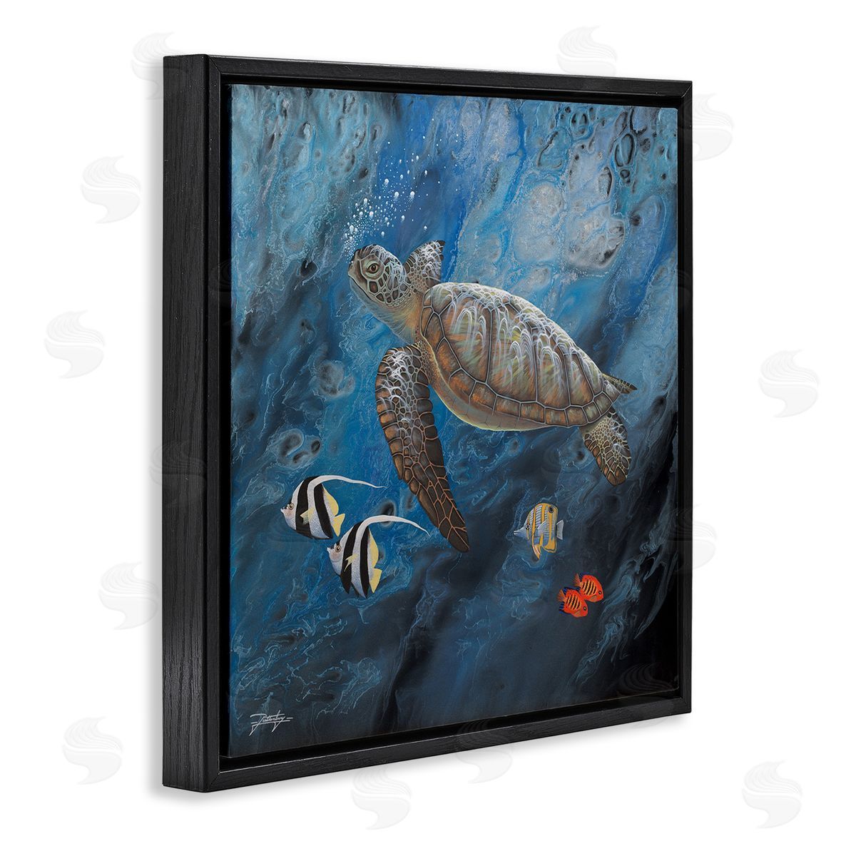 Jon Rattenbury Turtle Sea Life Underwater Ripples Black Floating Frame Canvas Wall Art Print