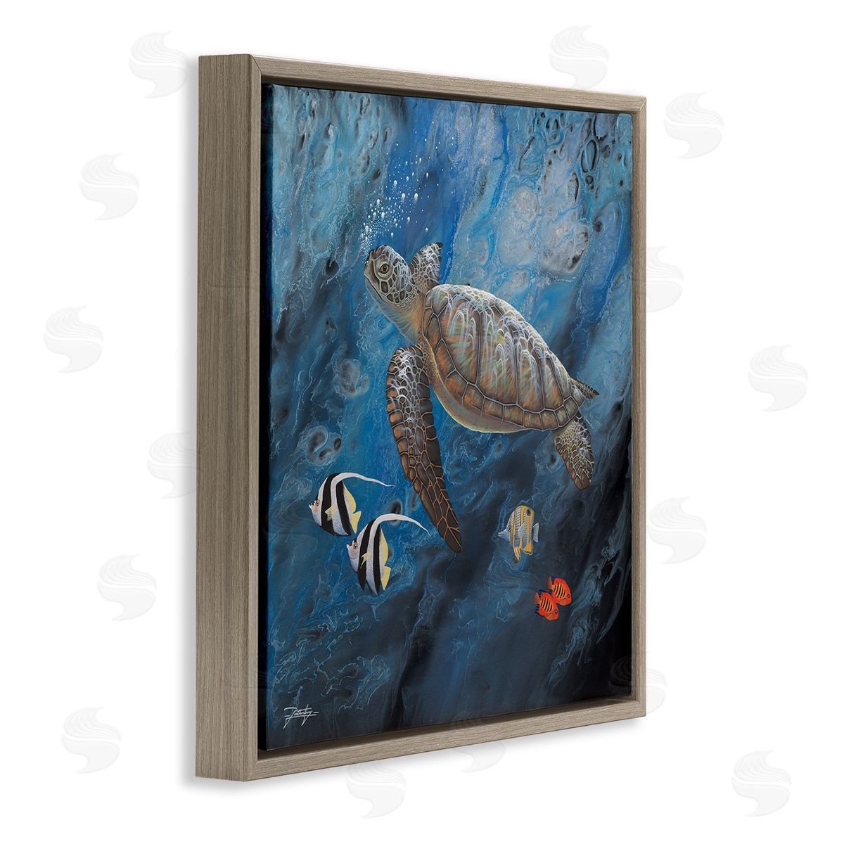 Jon Rattenbury Turtle Sea Life Underwater Ripples Brown Floating Frame Canvas Wall Art Print