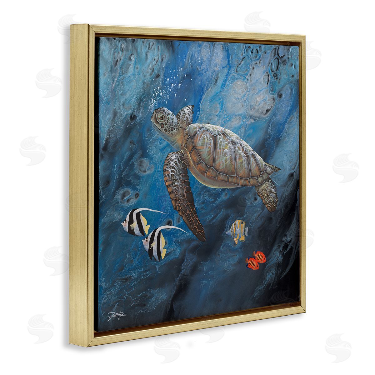 Jon Rattenbury Turtle Sea Life Underwater Ripples Gold Floating Frame Canvas Wall Art Print