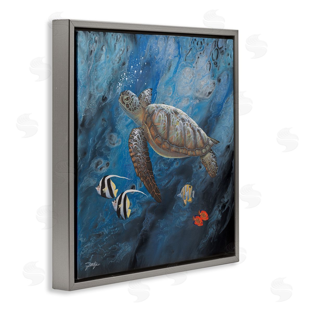 Jon Rattenbury Turtle Sea Life Underwater Ripples Gray Floating Frame Canvas Wall Art Print