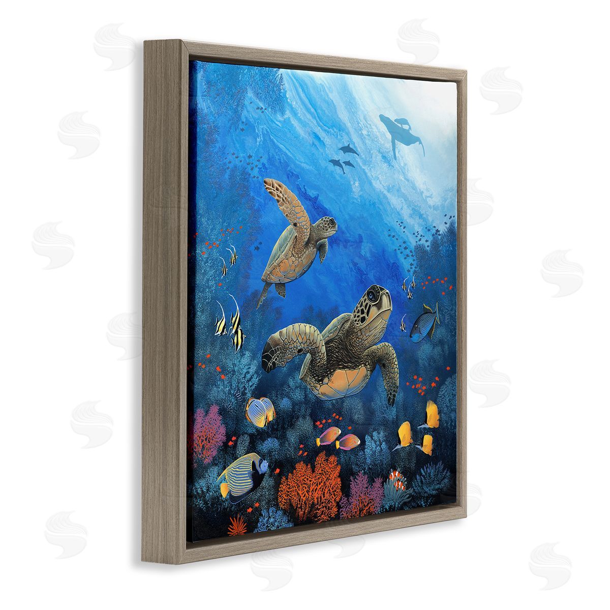 Jon Rattenbury Underwater Turtles & Fish Brown Floating Frame Canvas Wall Art Print