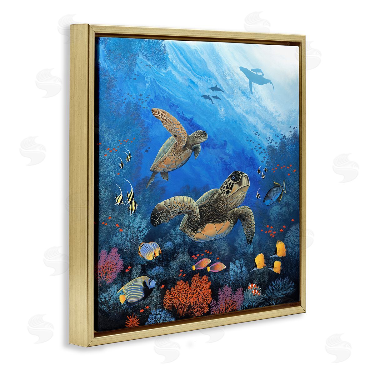 Jon Rattenbury Underwater Turtles & Fish Gold Floating Frame Canvas Wall Art Print