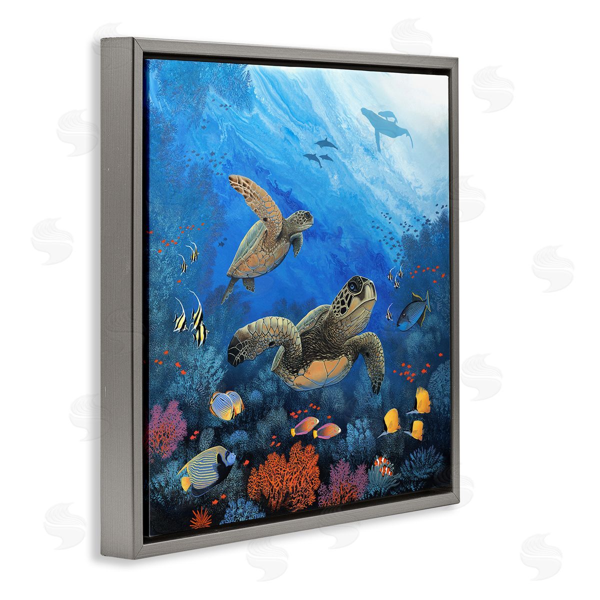 Jon Rattenbury Underwater Turtles & Fish Gray Floating Frame Canvas Wall Art Print