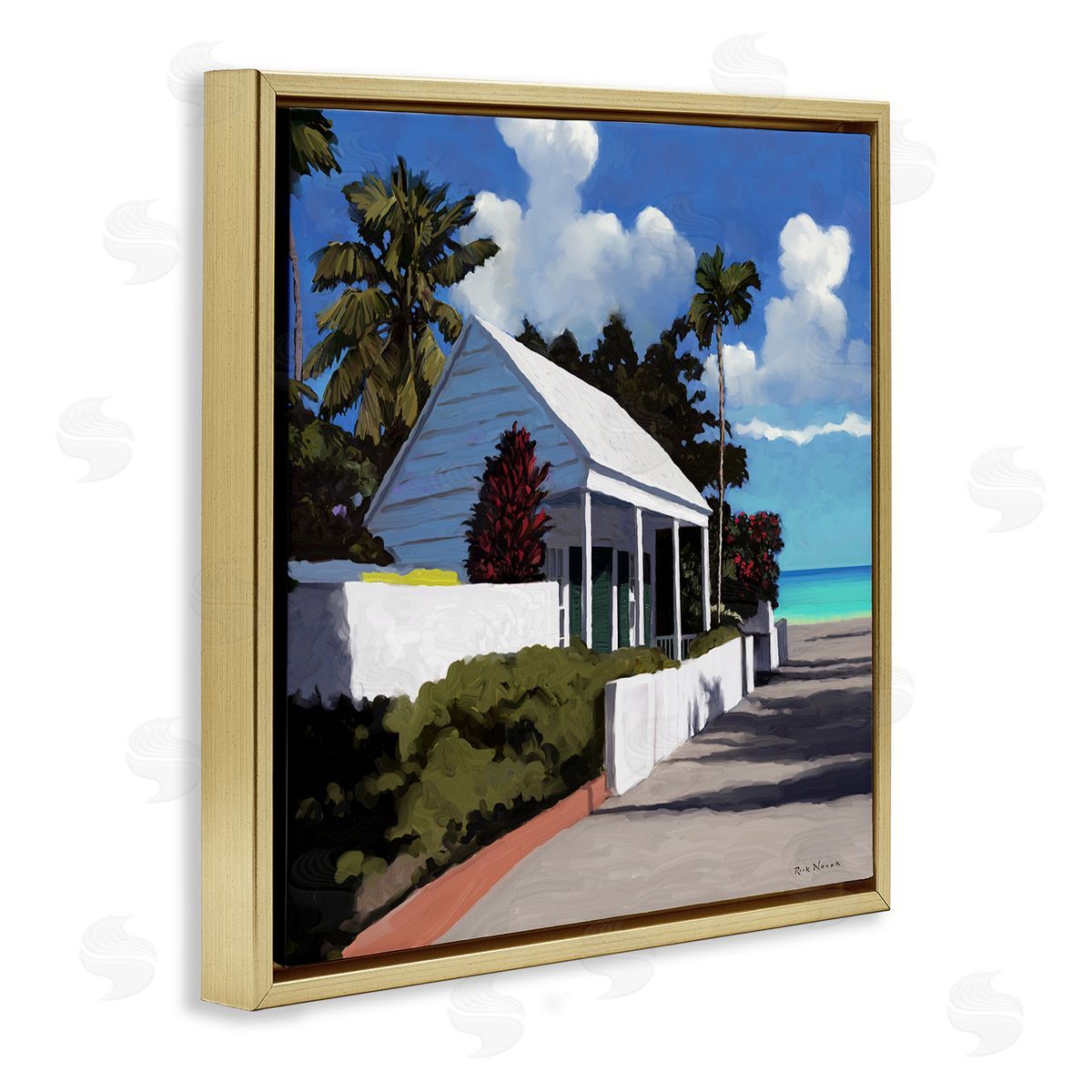 Rick Novak Waterfront House Road Beach Coast Gold Floating Frame Canvas Wall Art Print