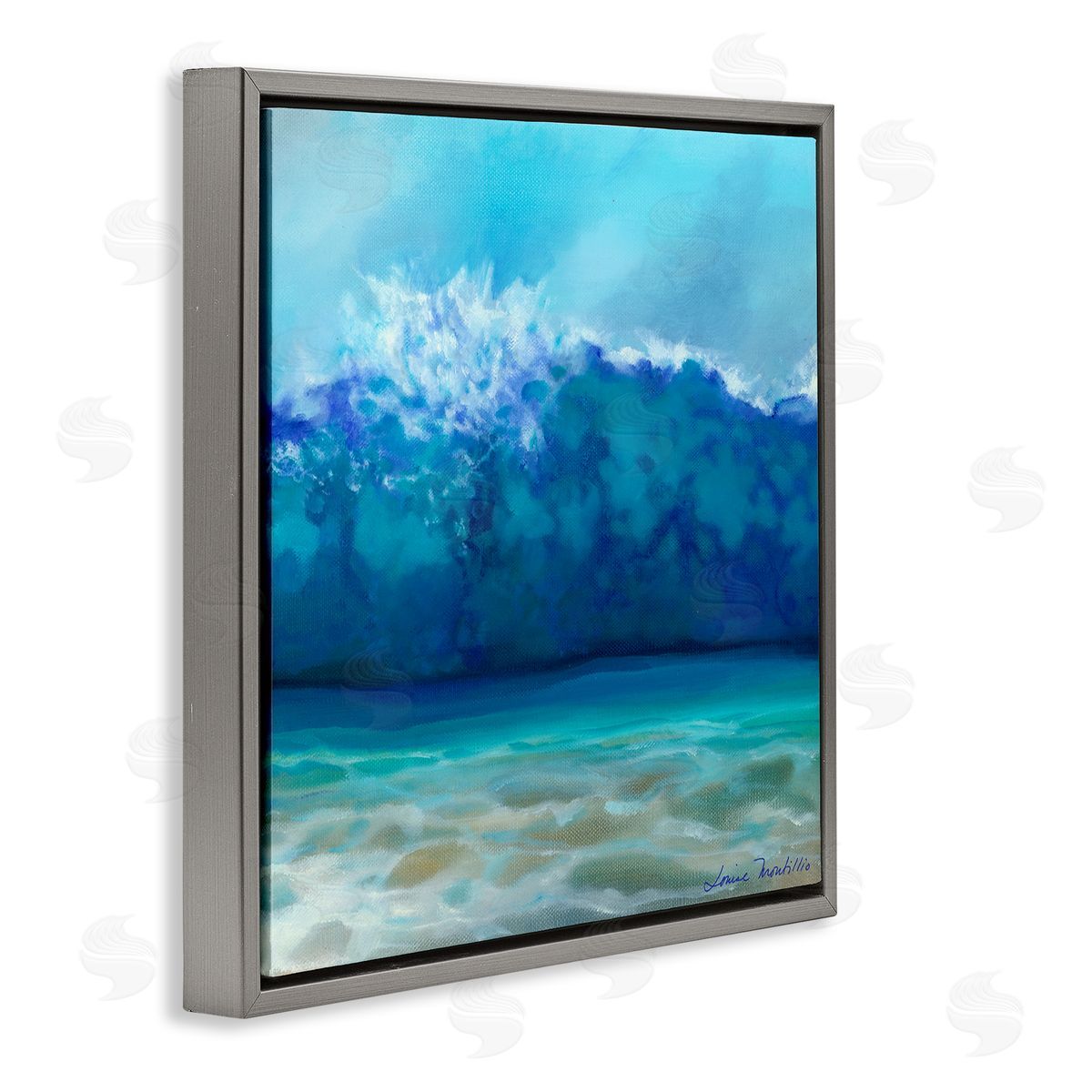 Louise Montillio Vivid Blue Tsunami Wave Splash Gray Floating Frame Canvas Wall Art Print