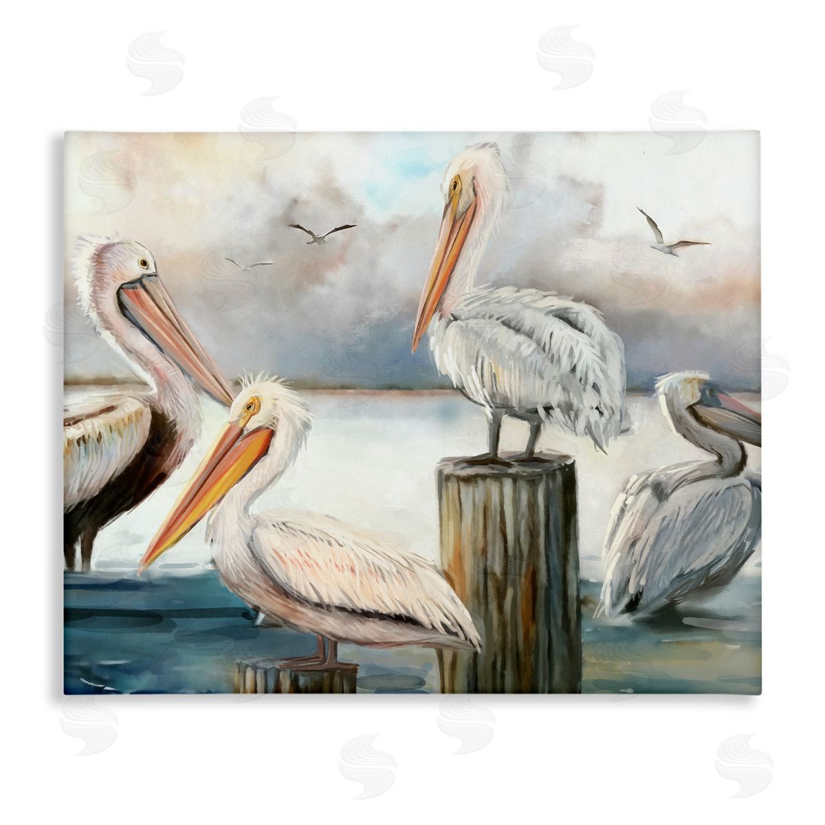 Pelicans Perched Cloudy Horizon Canvas Wall Art, Home Decor by Ziwei Li