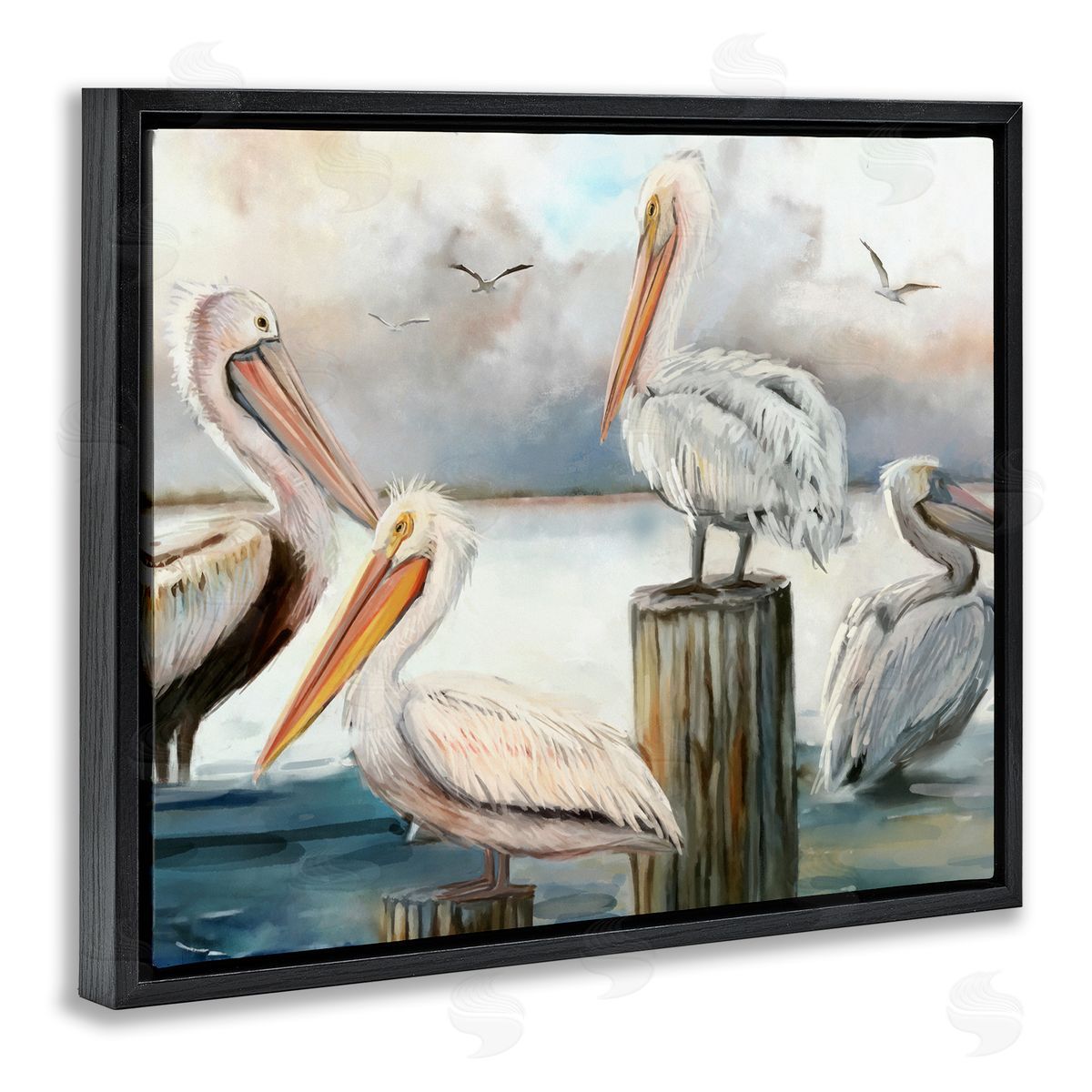 Pelicans Perched Cloudy Horizon Black Floating Frame Canvas Wall Art, Home Decor by Ziwei Li