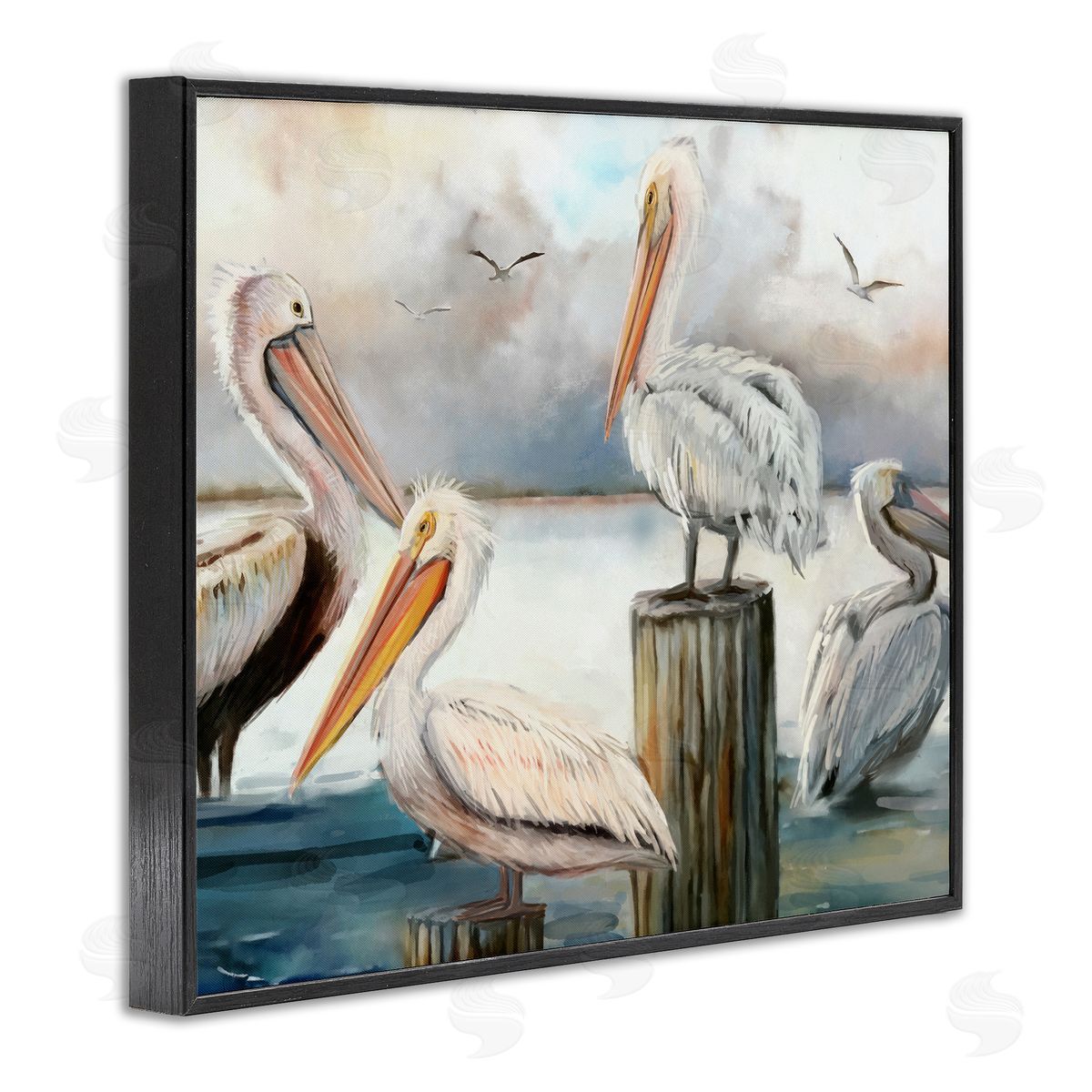 Pelicans Perched Cloudy Horizon Black Frame Print Wall Art, Home Decor by Ziwei Li