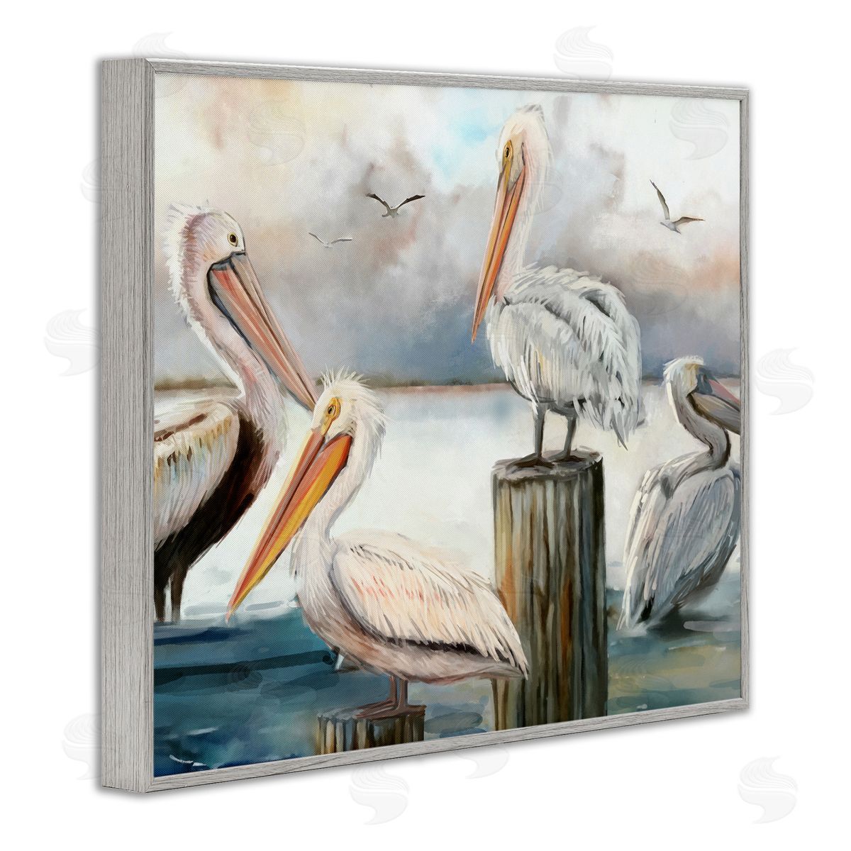 Pelicans Perched Cloudy Horizon Grey Frame Print Wall Art, Home Decor by Ziwei Li