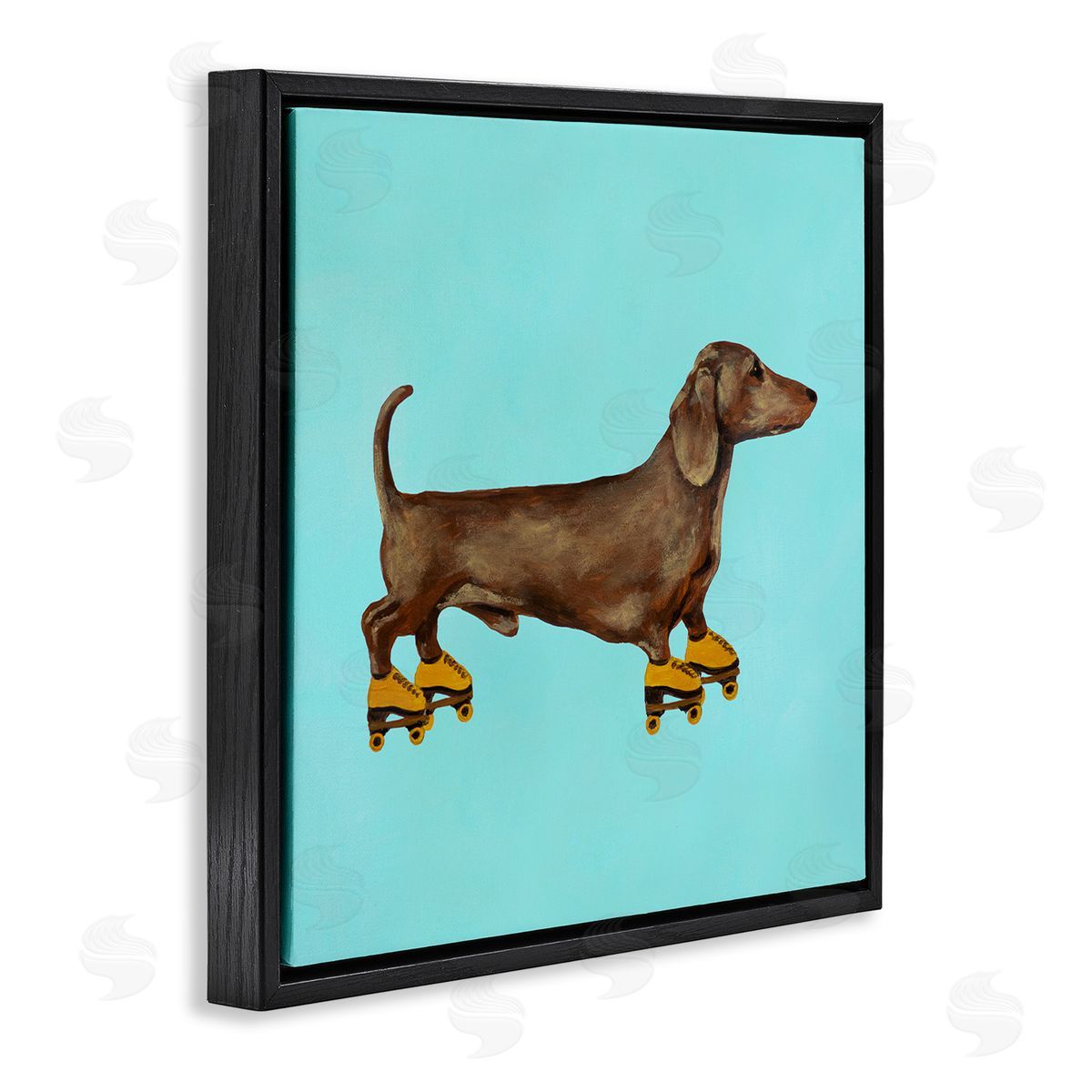Funny Dachshund On Roller Skates Black Floating Frame Canvas Wall Art, Home Decor by Coco de Paris