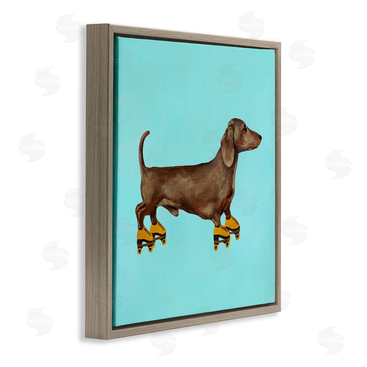 Funny Dachshund On Roller Skates Brown Floating Frame Canvas Wall Art, Home Decor by Coco de Paris
