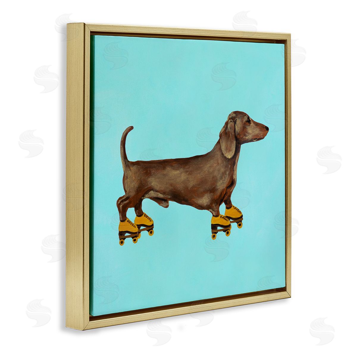 Funny Dachshund On Roller Skates Gold Floating Frame Canvas Wall Art, Home Decor by Coco de Paris