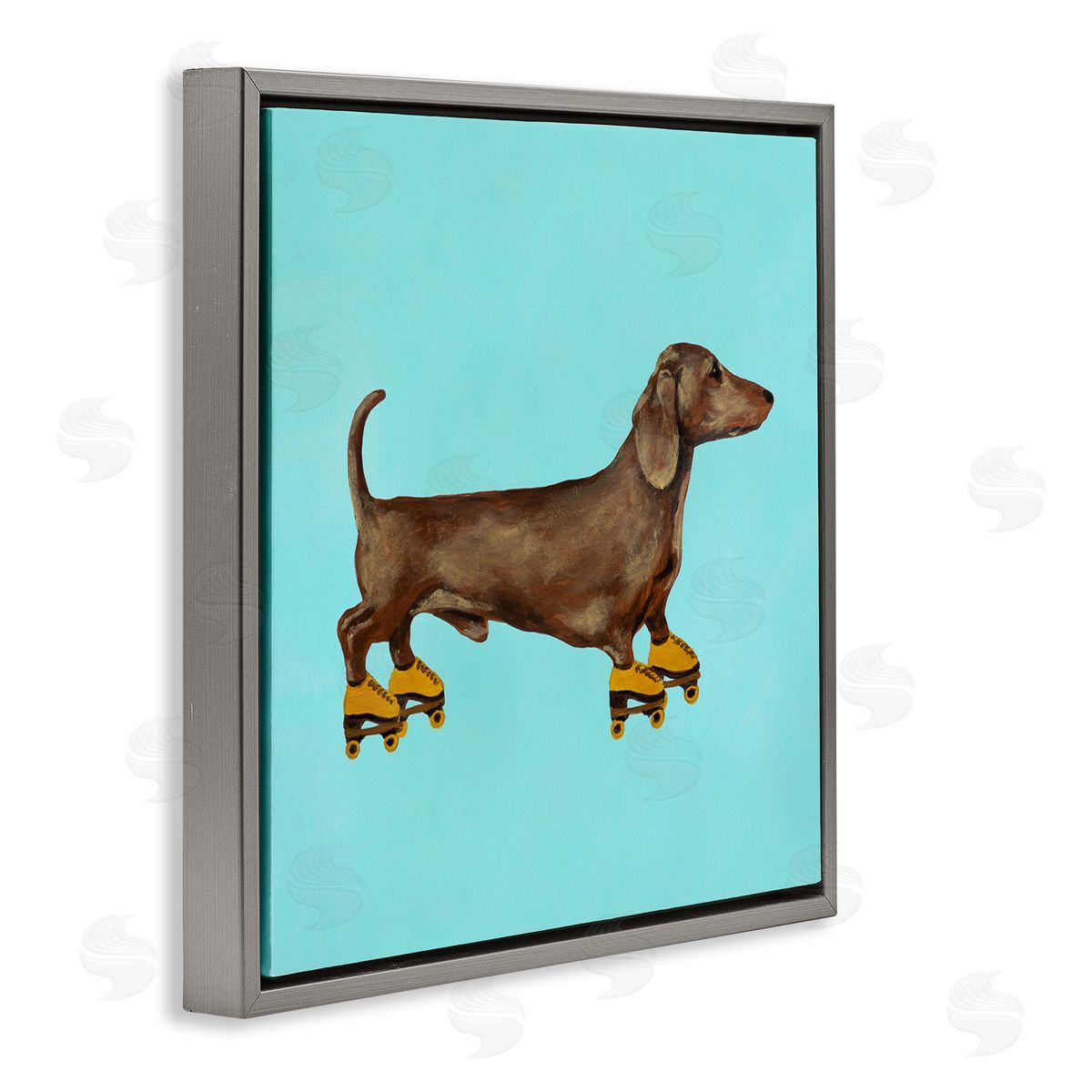 Funny Dachshund On Roller Skates Grey Floating Frame Canvas Wall Art, Home Decor by Coco de Paris