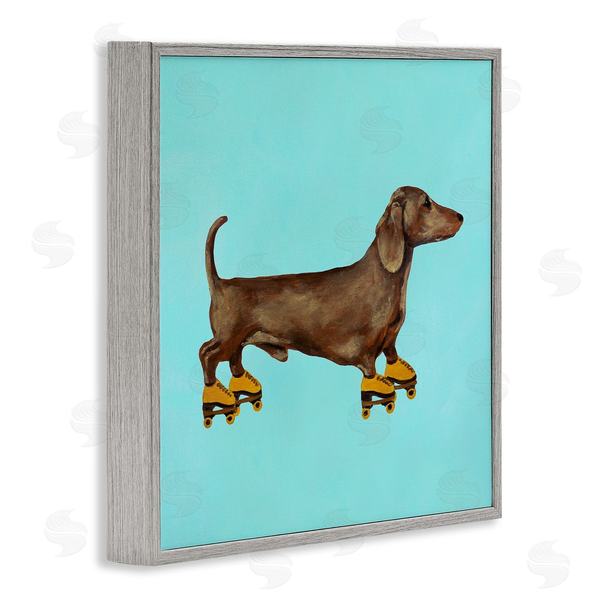 Funny Dachshund On Roller Skates Grey Frame Print Wall Art, Home Decor by Coco de Paris