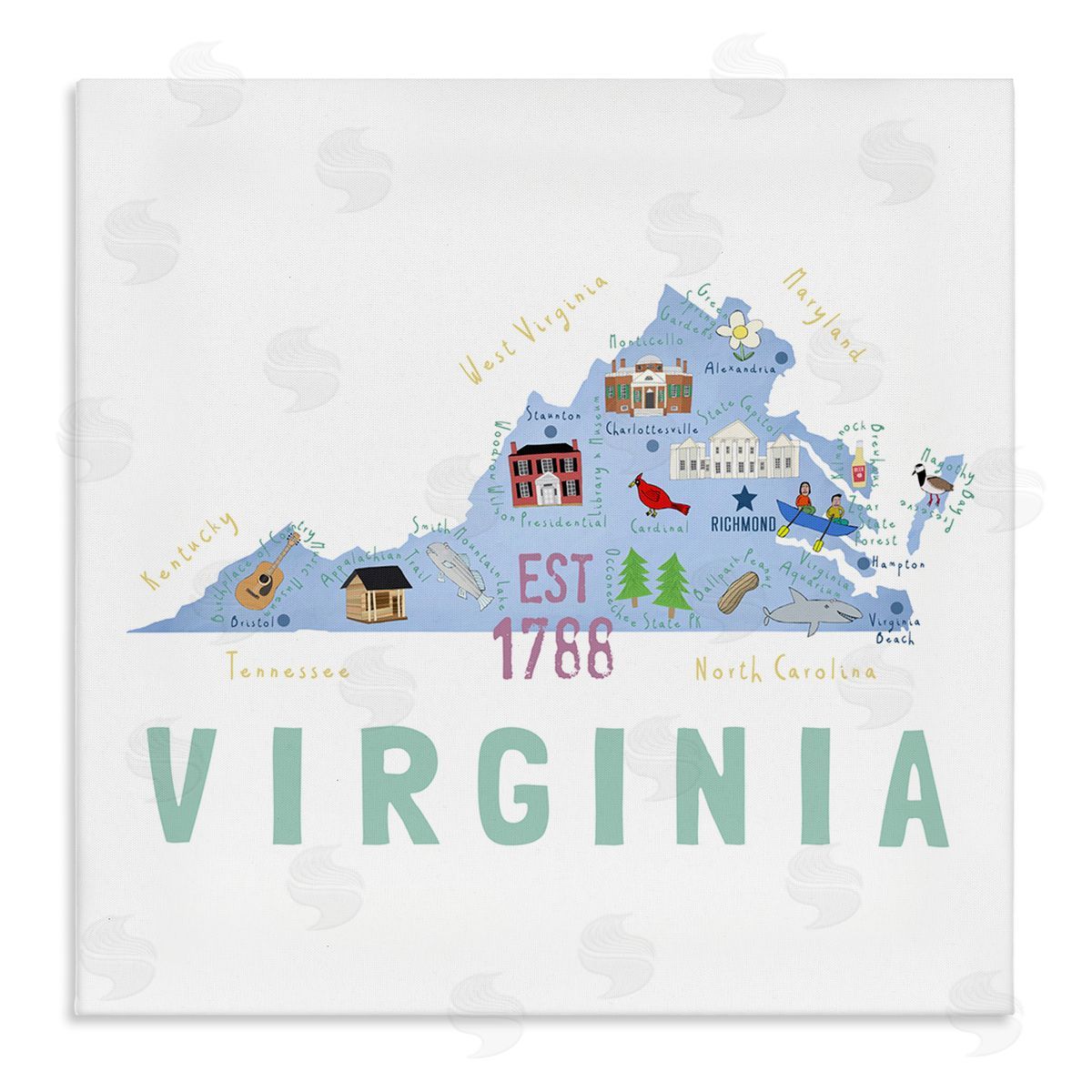 Carla Daly Virginia State Educational Map Stretched Canvas Wall Art Print